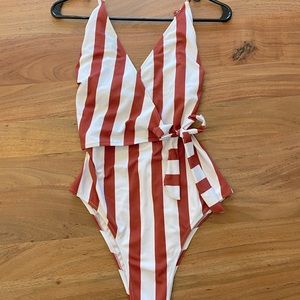 Red Striped Wrap One Piece Swimsuit